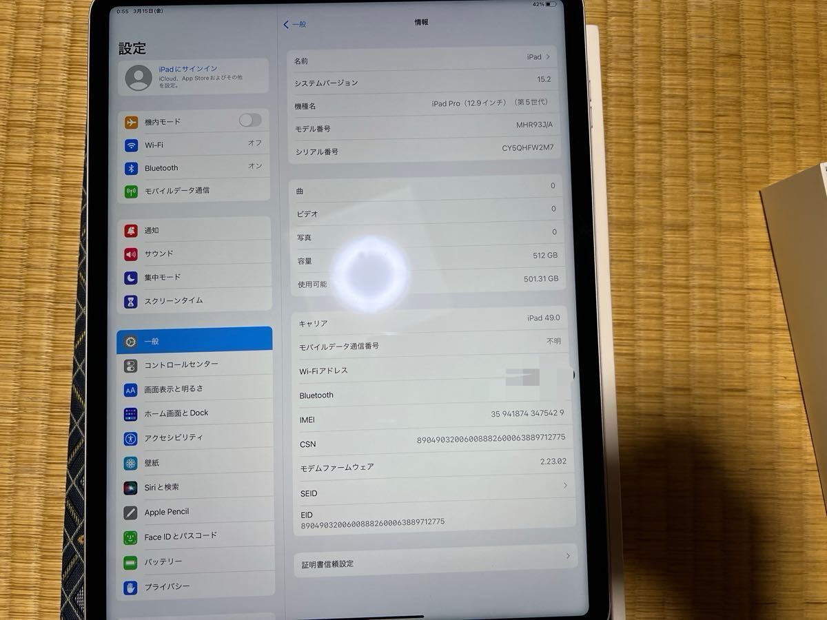 美品　第5世代　iPad Pro 12.9インチ 512GB Wi-Fi + Cellularモデル　バッテリー100%