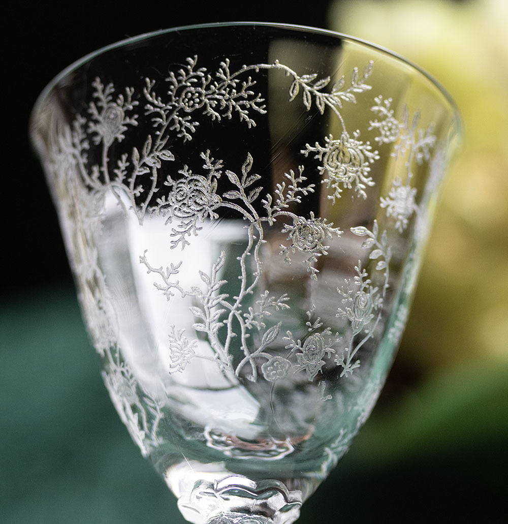 1940年代 フォストリア クリスタル チンツ エッチング オイスター リキュールグラス 酒 日本酒 吟醸 バーグラス ビンテージ アンティークの画像2