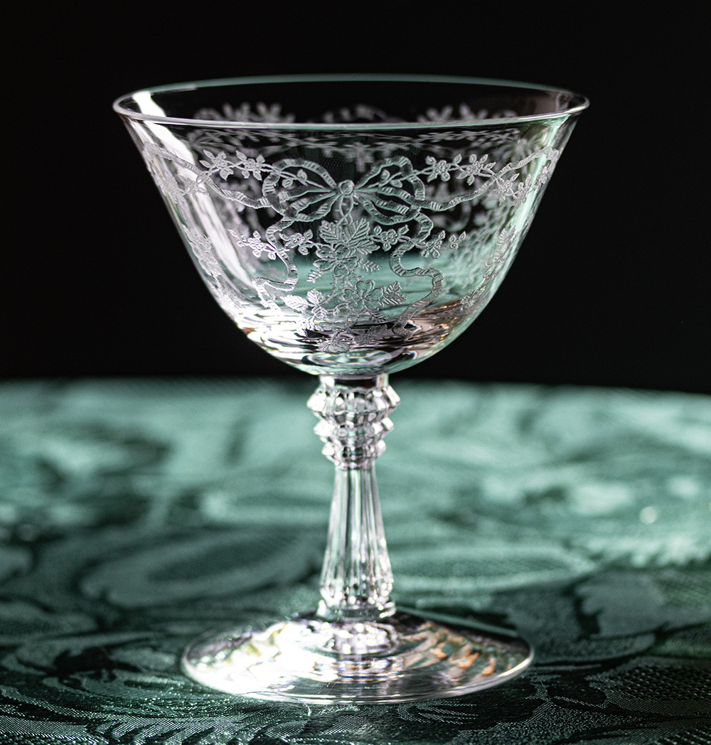 1940年代 フォストリア クリスタル ロマンス リボン フラワー エッチング シャンパン カクテルグラス アンティーク 酒 バーグラスの画像1