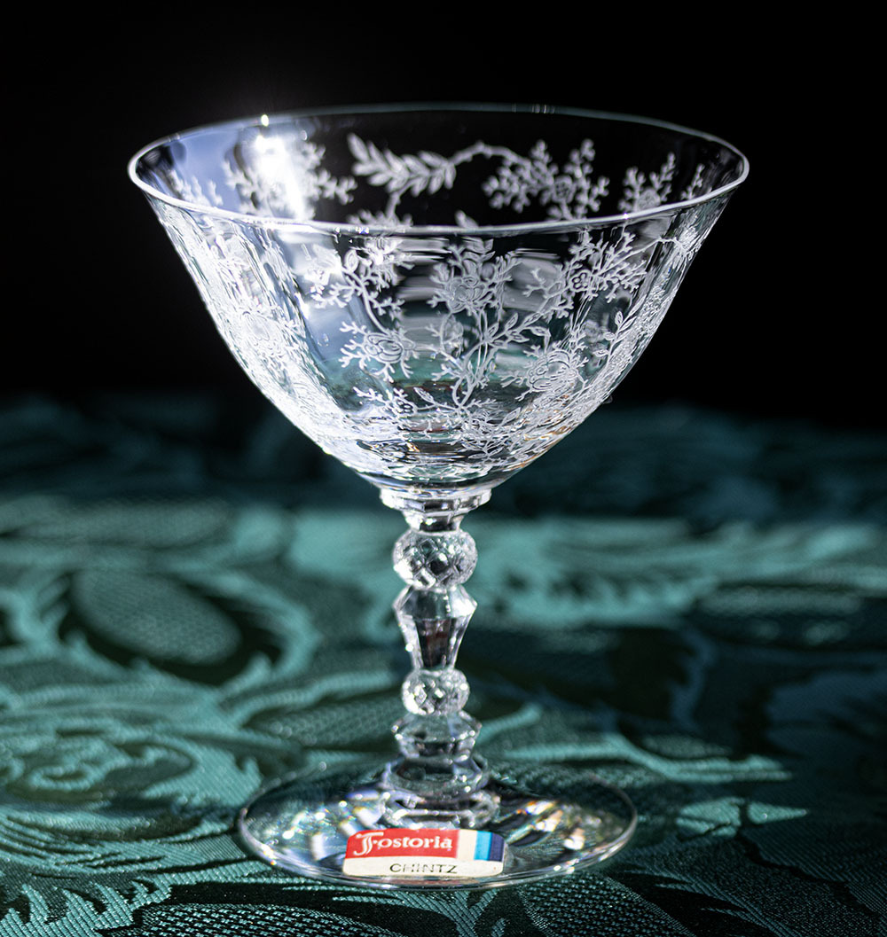 シール付き フォストリア クリスタル チンツ エッチング シャンパン カクテルグラス 酒 バーグラス ビンテージ シャーベットグラスの画像1