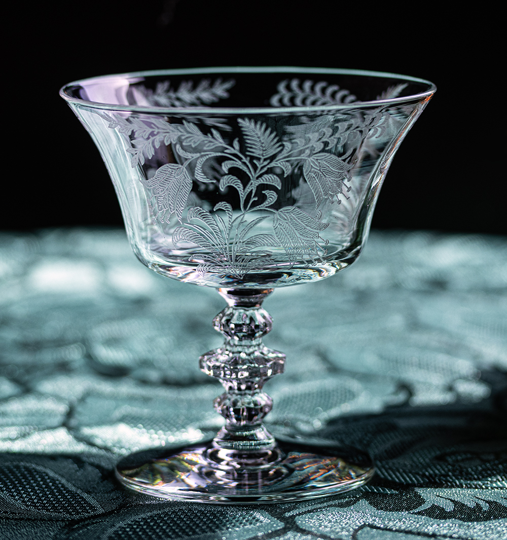 ティフィン クリスタル フクシア エッチング シャンパン カクテルグラス 酒 デザート シャーベットグラス ビンテージ アンティークの画像1