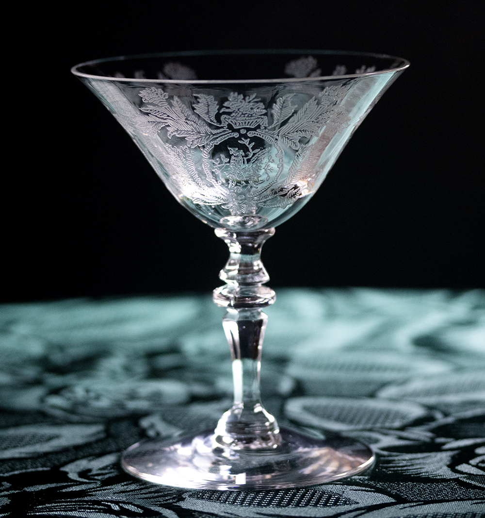 1930年代 セネカグラス クリスタル リーフ エッチング シャンパン カクテルグラス バーグラス 酒 アンティーク シャーベットグラスの画像1