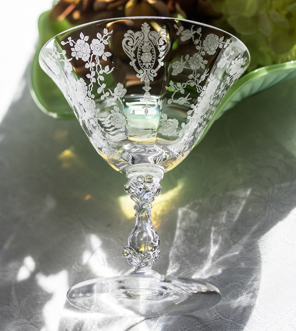 豪華 ケンブリッジグラス エレガント ローズポイント 薔薇 エッチング クリスタル シャンパン カクテル グラス バラ バーグラスの画像2