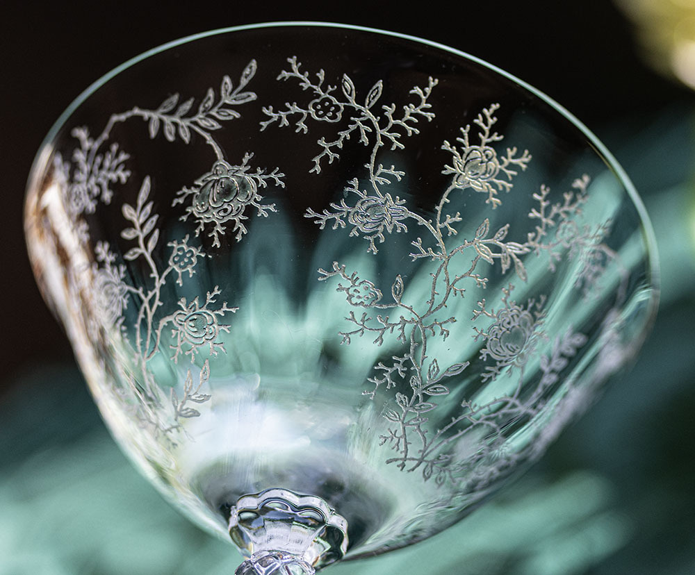 シール付き フォストリア クリスタル チンツ エッチング シャンパン カクテルグラス 酒 バーグラス ビンテージ シャーベットグラスの画像4
