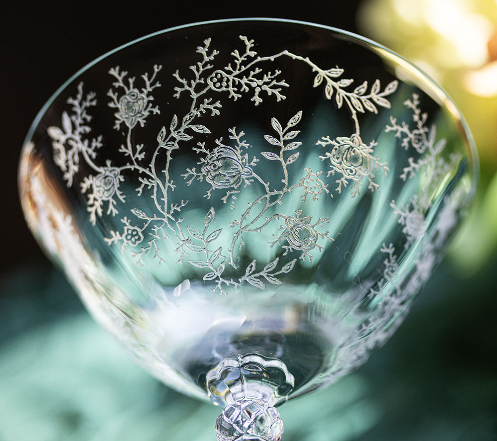 シール付き フォストリア クリスタル チンツ エッチング シャンパン カクテルグラス 酒 バーグラス ビンテージ シャーベットグラスの画像2