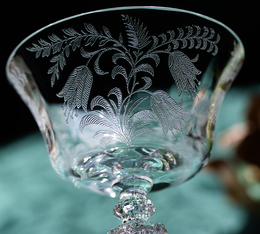 ティフィン クリスタル フクシア エッチング シャンパン カクテルグラス 酒 デザート シャーベットグラス アンティーク ビンテージの画像3