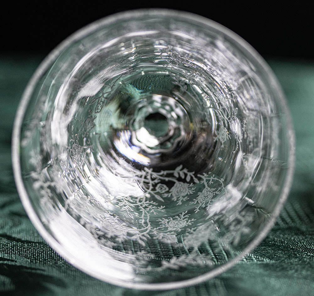 1940年代 フォストリア クリスタル チンツ エッチング オイスター リキュールグラス 酒 日本酒 吟醸 バーグラス ビンテージ アンティークの画像6