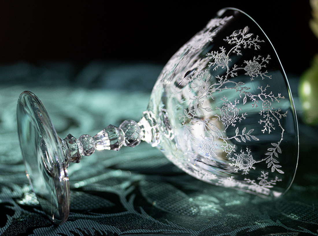 シール付き フォストリア クリスタル チンツ エッチング シャンパン カクテルグラス 酒 バーグラス ビンテージ シャーベットグラスの画像5