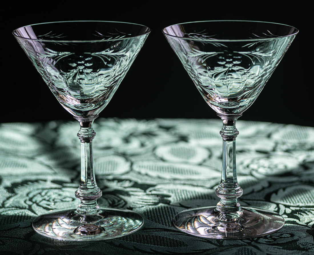 1940年代 セネカグラス クリスタル フラワー カッティング シャンパン カクテルグラス 2脚 バーグラス 酒 アンティーク シャーベットグラス_画像1