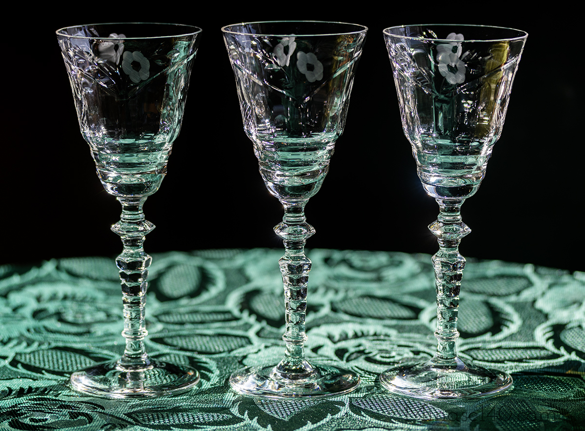 1940年代 リビー クリスタル ロックシャープ フラワー ＆ リーフ エッチング ゴブレット リキュール シャンパングラス 3脚 酒 アンティークの画像6