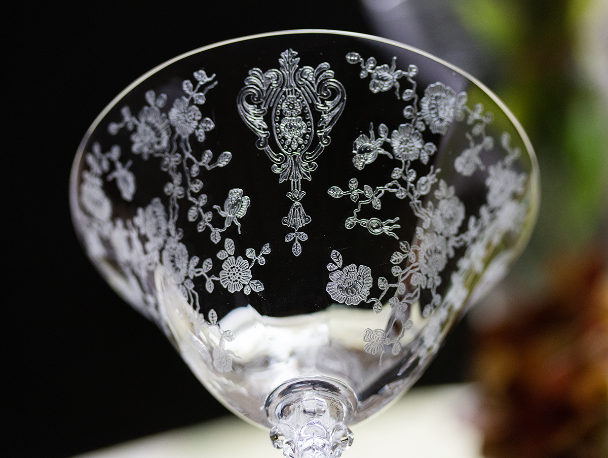 豪華 ケンブリッジグラス エレガント ローズポイント 薔薇 エッチング クリスタル シャンパン カクテルグラス バラ バーグラスの画像3