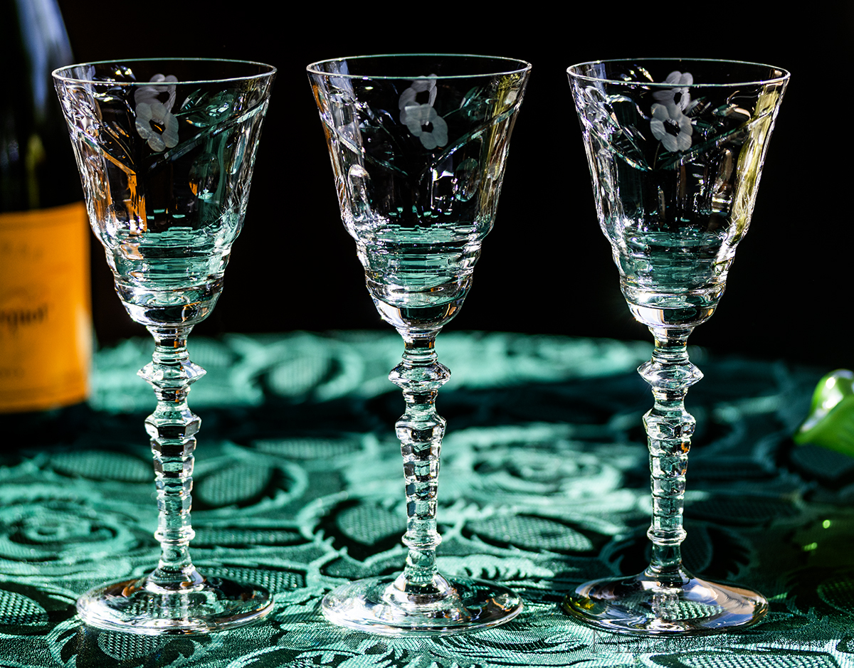 1940年代 リビー クリスタル ロックシャープ フラワー ＆ リーフ エッチング ゴブレット リキュール シャンパングラス 3脚 酒 アンティークの画像1