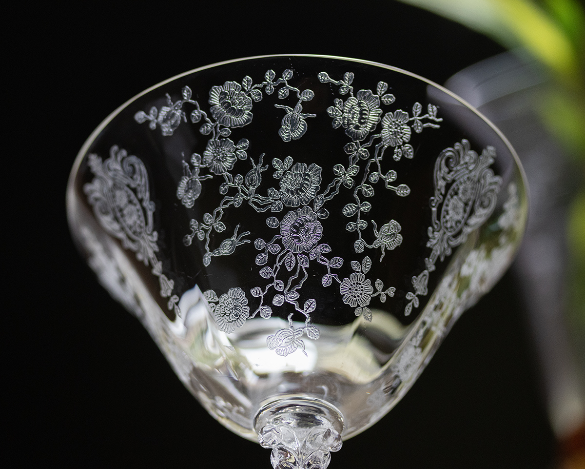 豪華 ケンブリッジグラス エレガント ローズポイント 薔薇 エッチング クリスタル シャンパン カクテルグラス バラ バーグラスの画像4