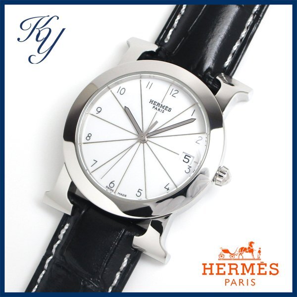 1円～ 3ヶ月保証付き 磨き済み 美品 本物 定番 人気 HERMES エルメス Hウォッチ ラ ロンド HR1.510 革ベルト ホワイト レディース 時計の画像1