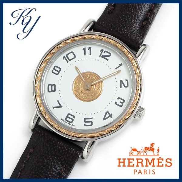 1円～ 3ヶ月保証付き 磨き済み 美品 本物 人気 HERMES エルメス セリエ SE4.220 コンビ 革ベルト ホワイト レディース 時計の画像1