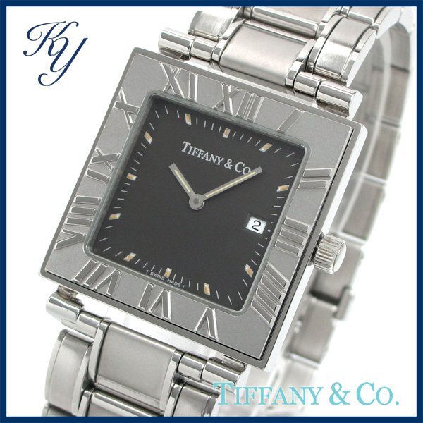 1 jpy ~ 3 months with guarantee polished battery replaced beautiful goods genuine article beautiful goods popular TIFFANY Tiffany Atlas square men's clock 