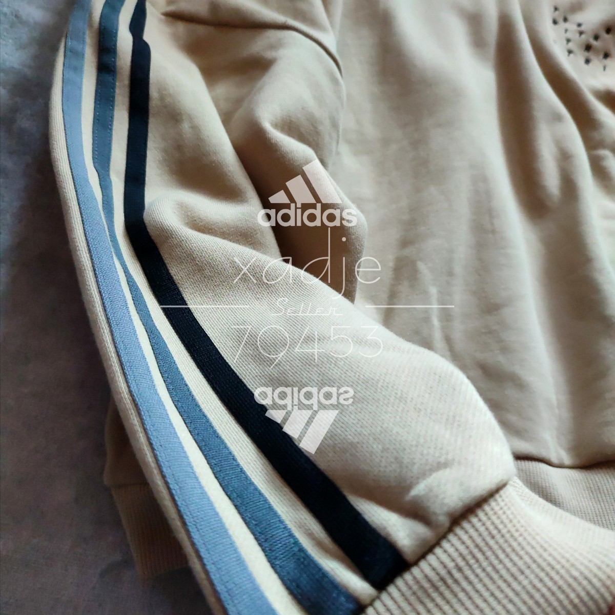 新品 正規品 adidas アディダス 上下セット セットアップ スウェット パーカー パンツ ベージュ 黒 グレー ロゴ刺繍 三本ライン M_画像4