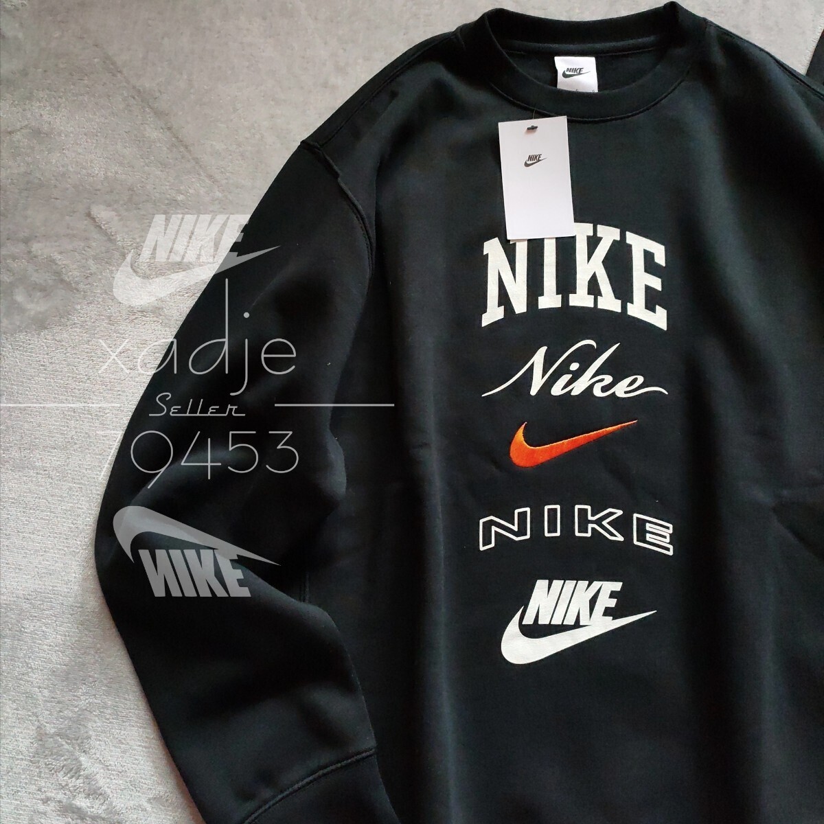 新品 正規品 NIKE swoosh ナイキ ロゴ プリント 刺繍 上下セット スウェット トレーナー パンツ セットアップ 黒 ブラック 上 XL 下 Lの画像2