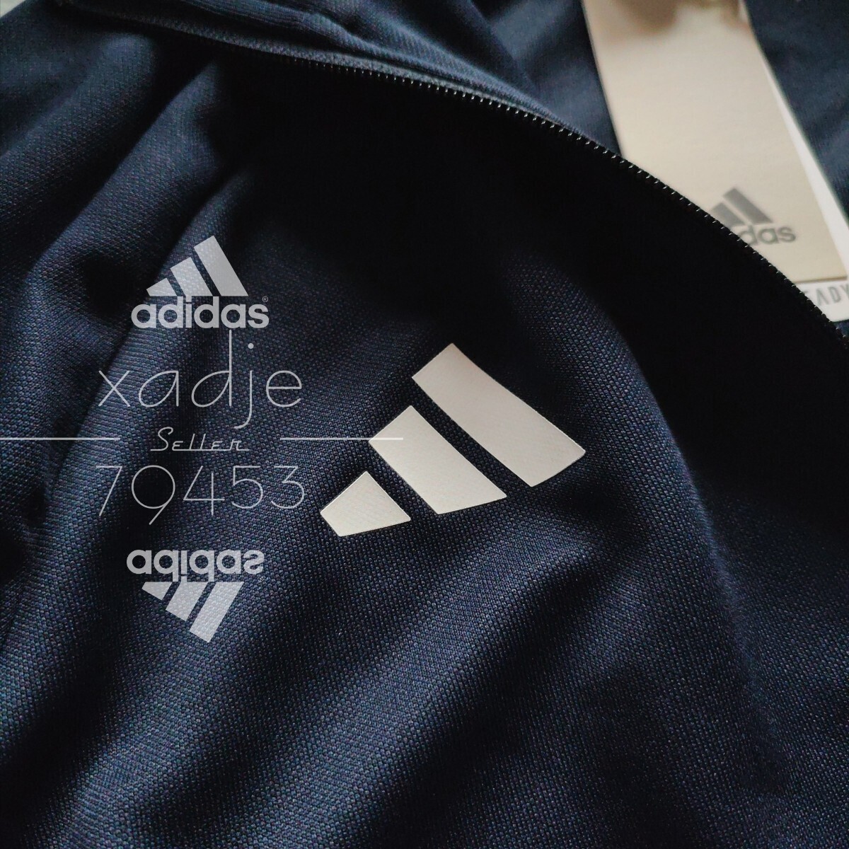 新品 正規品 adidas アディダス 上下セット セットアップ ジャージ ジャケット パンツ 紺 ネイビー 三本ライン 裾ファスナー付き 薄手 Mの画像3