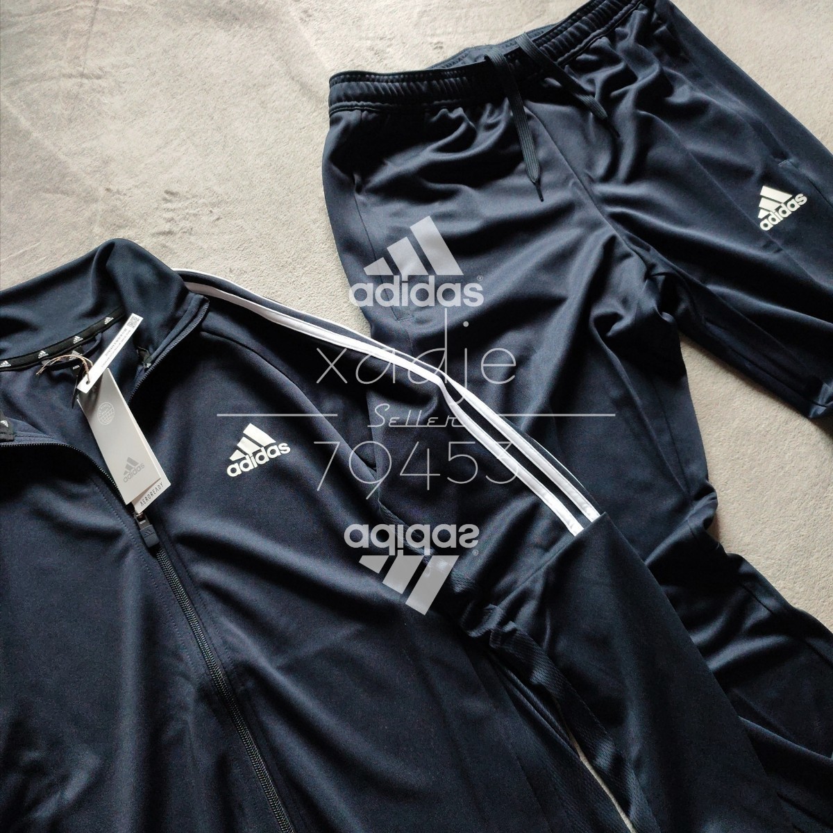 新品 正規品 adidas アディダス 上下セット セットアップ ジャージ 紺 ネイビー 白 三本ライン 裾ファスナー付き 薄手 XO 2XL_画像2