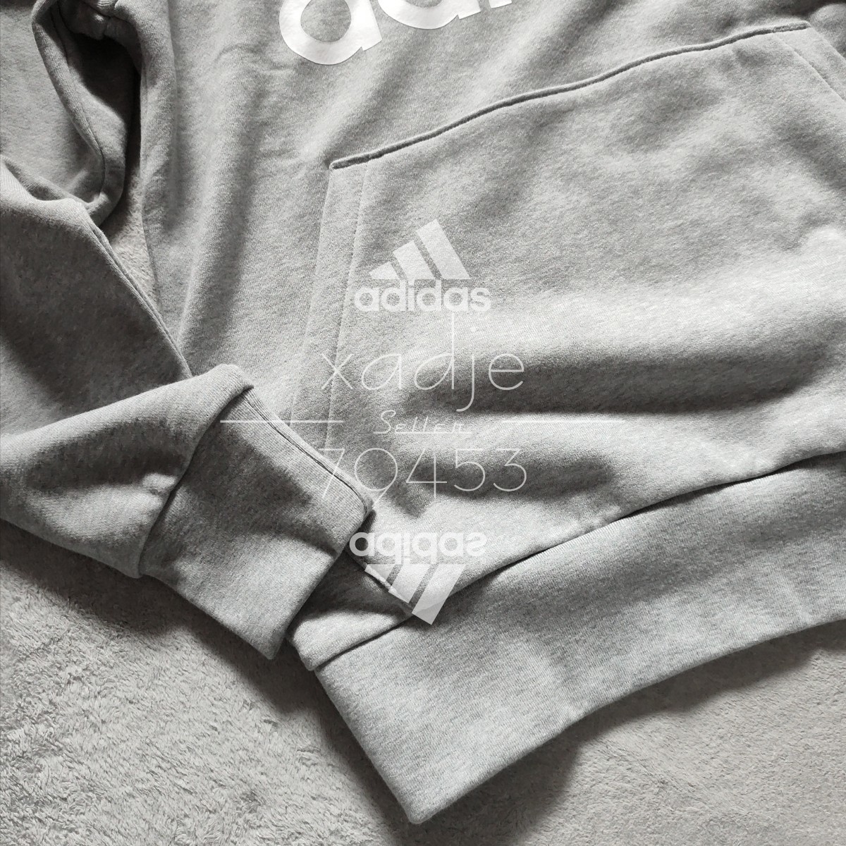 新品 正規品 adidas アディダス 上下セット ロゴ プリント 刺繍 セットアップ スウェット パーカー パンツ 灰 グレー 白 2XLの画像4
