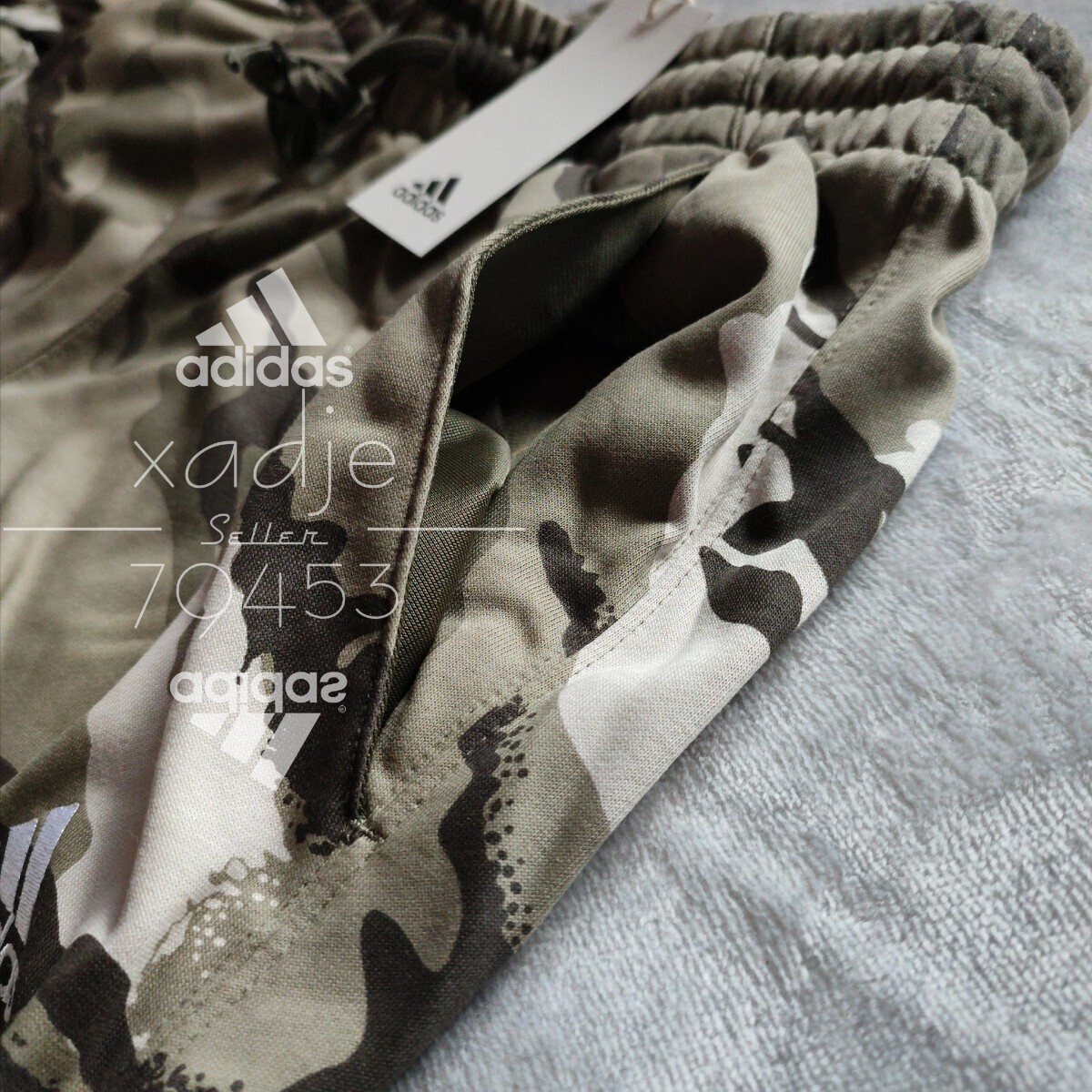 新品 正規品 adidas アディダス 上下セット スウェット セットアップ カーキ オリーブ 茶 ブラック ロゴ刺繍 総柄 迷彩 薄手 Lの画像7