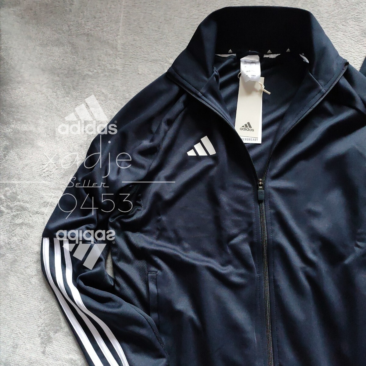 新品 正規品 adidas アディダス 上下セット セットアップ ジャージ ジャケット パンツ 紺 ネイビー 三本ライン 裾ファスナー付き 薄手 L_画像2