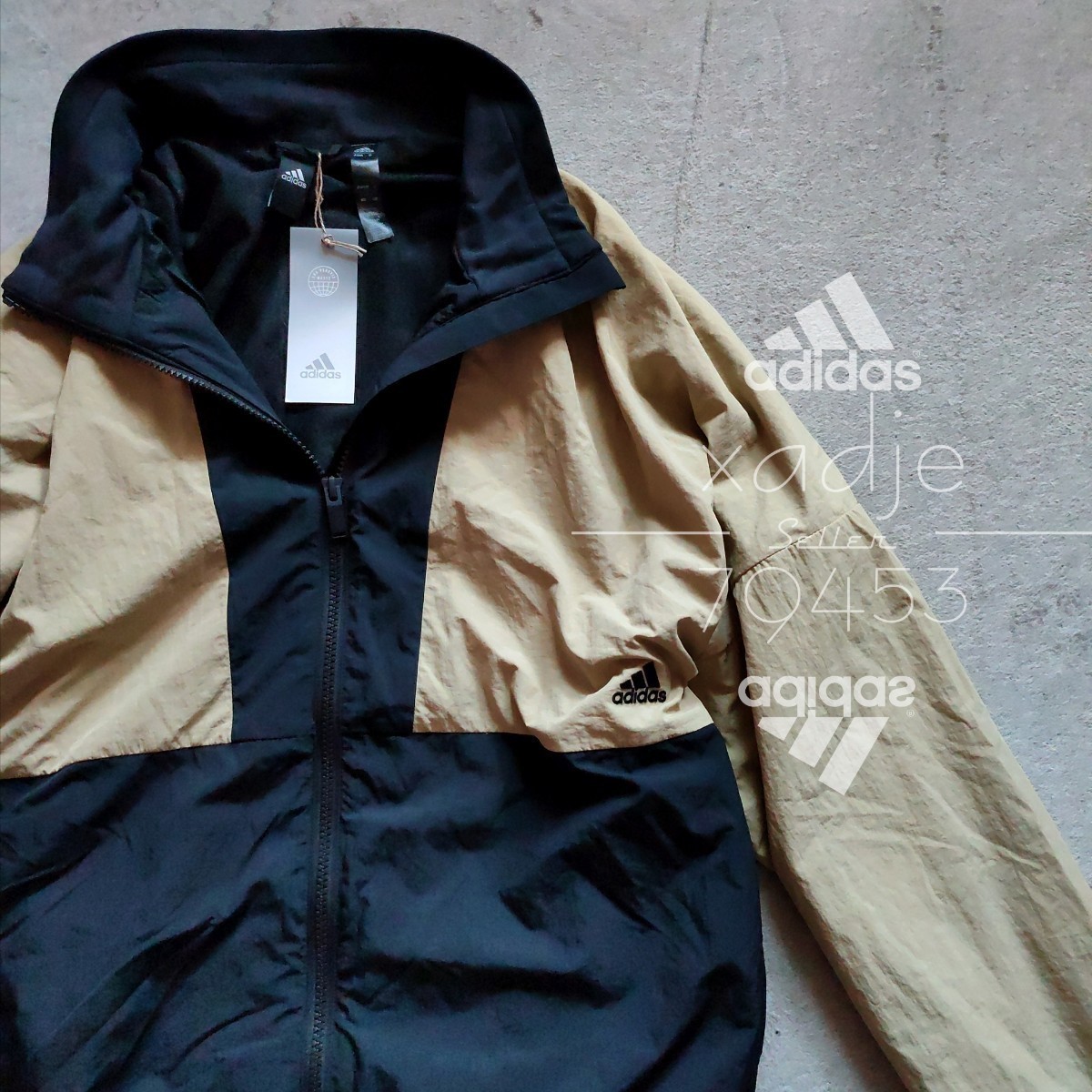 新品 正規品 adidas アディダス THREE STRIPES 上下セット セットアップ ナイロン ジャケット パンツ ジャージ 黒 ブラック ベージュ Lの画像7