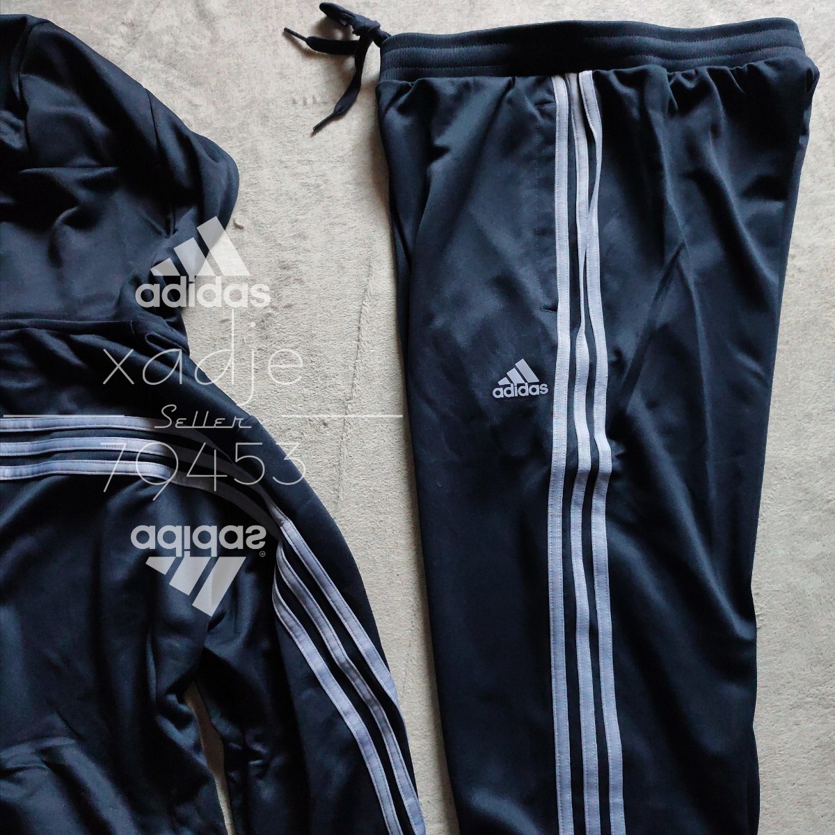 新品 正規品 adidas アディダス 上下セット セットアップ パーカー ジャージ パンツ 紺 ネイビー 三本ライン ロゴ プリント L_画像4