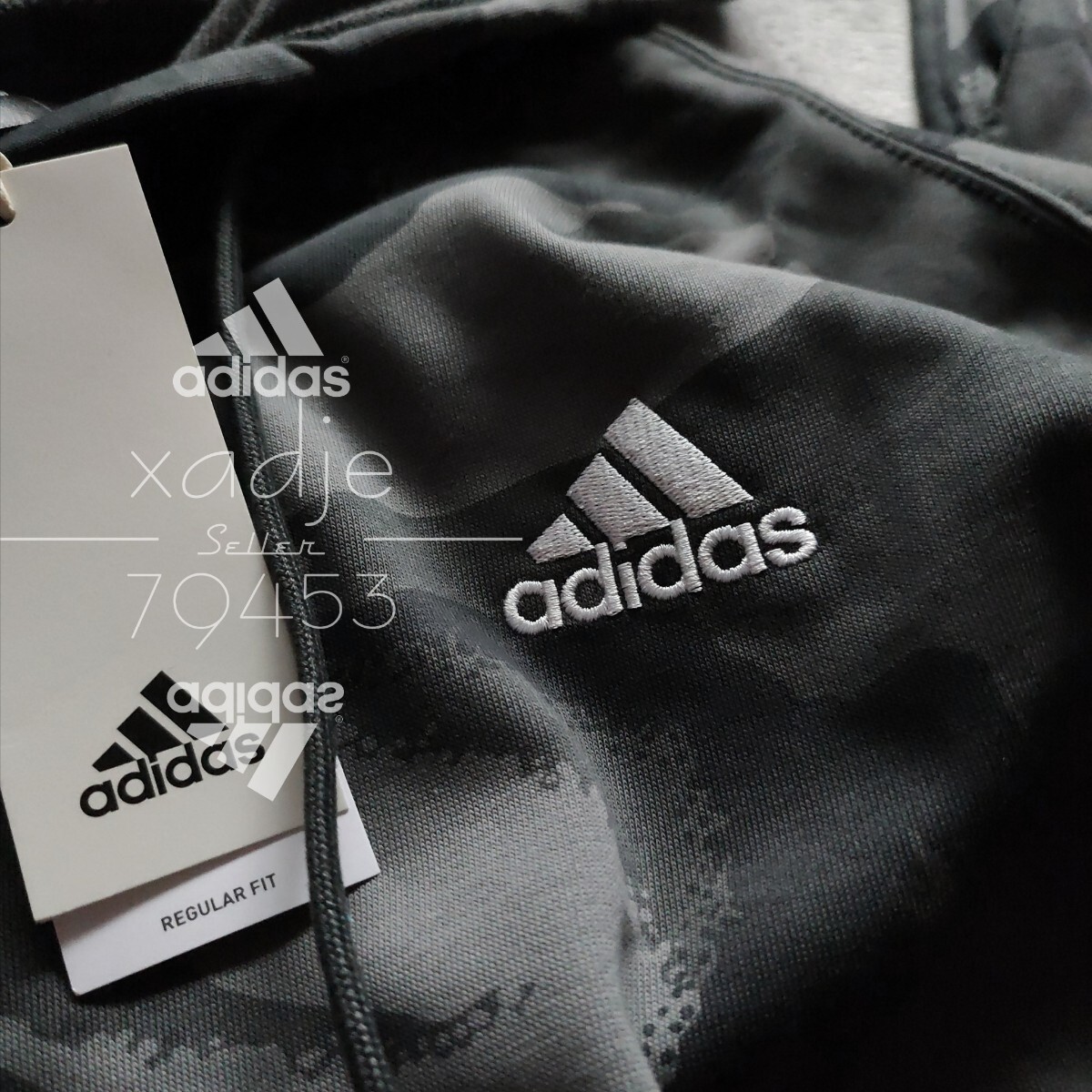 新品 正規品 adidas アディダス 上下セット スウェット セットアップ グレー チャコール 黒 ブラック ロゴ刺繍 総柄 迷彩 薄手 2XLの画像3