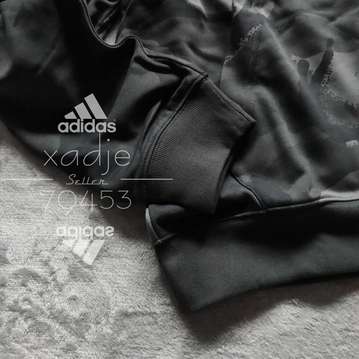 新品 正規品 adidas アディダス 上下セット スウェット セットアップ グレー チャコール 黒 ブラック ロゴ刺繍 総柄 迷彩 薄手 2XL_画像4