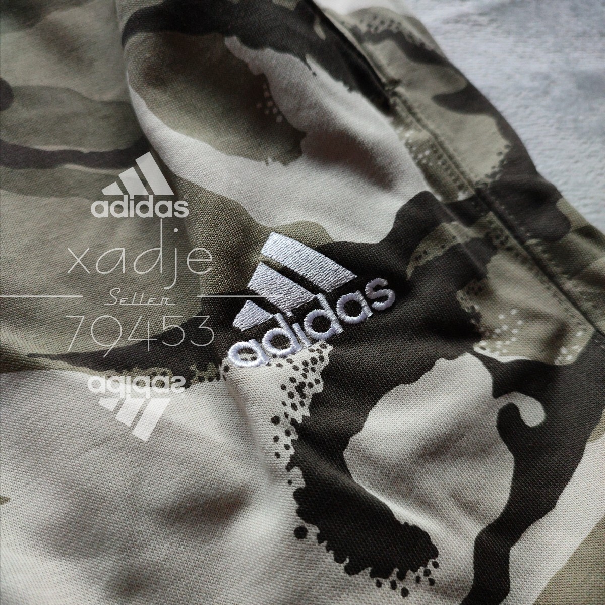 新品 正規品 adidas アディダス 上下セット スウェット セットアップ カーキ オリーブ 茶 ブラック ロゴ刺繍 総柄 迷彩 薄手 XLの画像8