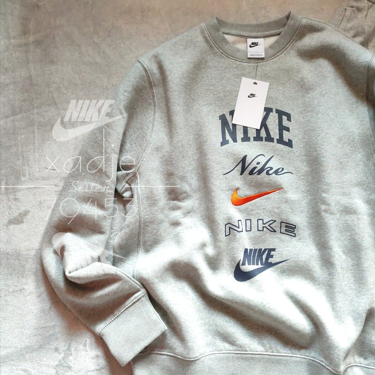 新品 正規品 NIKE swoosh ナイキ ロゴ プリント 刺繍 上下セット スウェット トレーナー パンツ セットアップ 灰 グレー 裏起毛 XLの画像2