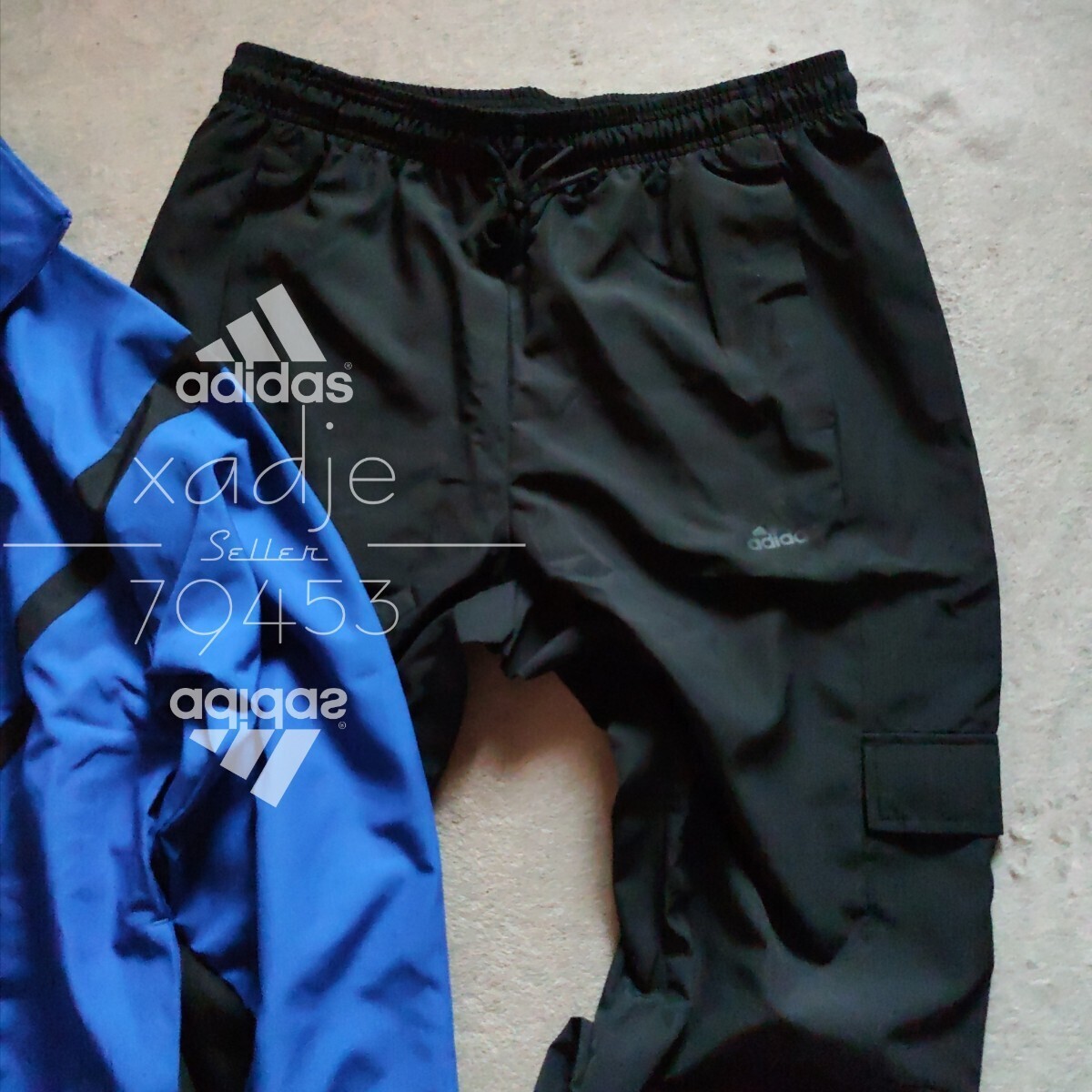 新品 正規品 adidas アディダス 上下セット ナイロン ジャージ セットアップ 青 ブルー 黒 ブラック ロゴ プリント 薄手 2XLの画像6