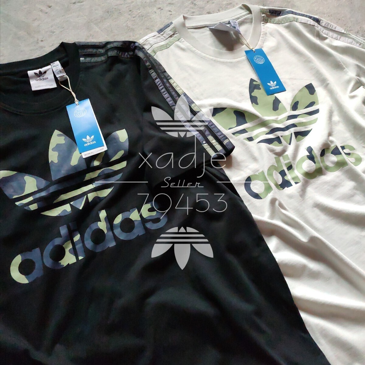 新品 正規品 adidas originals アディダス オリジナルス 2枚セット 半袖 Tシャツ プリント 黒 ブラック グリーン グレー系 迷彩 2XO 3XLの画像2