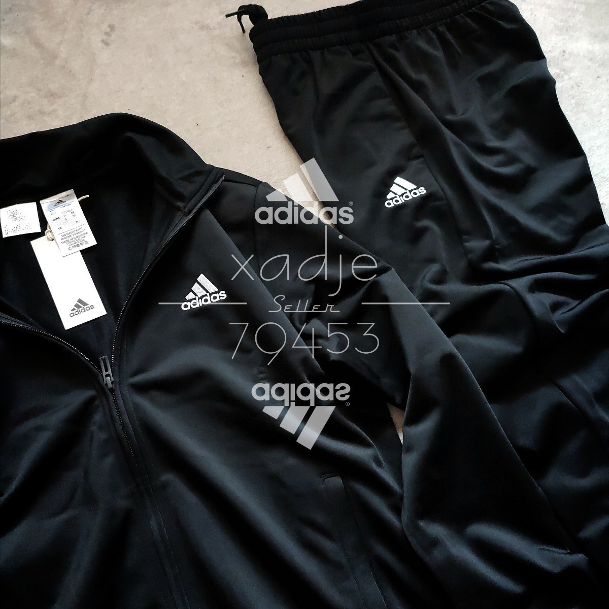 新品 正規品 adidas アディダス 上下セット セットアップ ジャージ ジャケット パンツ 黒 ブラック 白 ロゴ刺繍 プリント XLの画像2