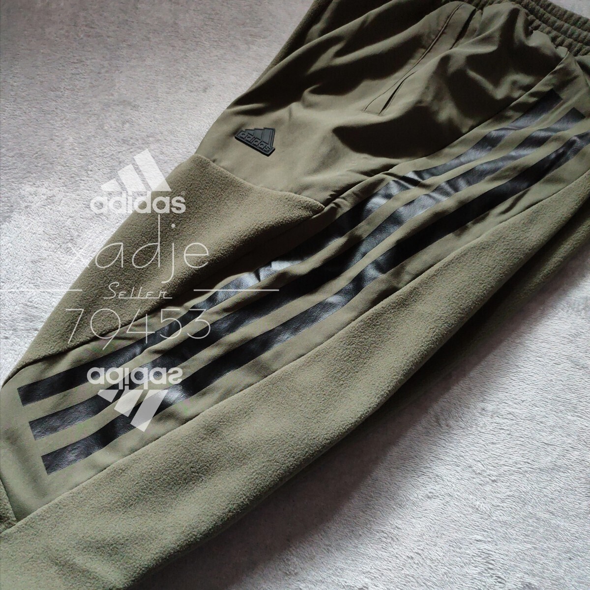 新品 正規品 adidas アディダス 上下セット セットアップ フリース ジップ パーカー パンツ カーキ オリーブ 黒 三本ライン プリント Lの画像9