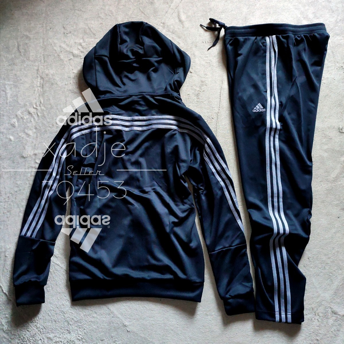 新品 正規品 adidas アディダス 上下セット セットアップ パーカー ジャージ パンツ 紺 ネイビー 三本ライン ロゴ プリント Lの画像1