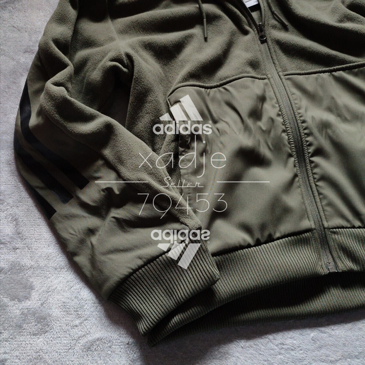 新品 正規品 adidas アディダス 上下セット セットアップ フリース ジップ パーカー パンツ カーキ オリーブ 黒 三本ライン XL