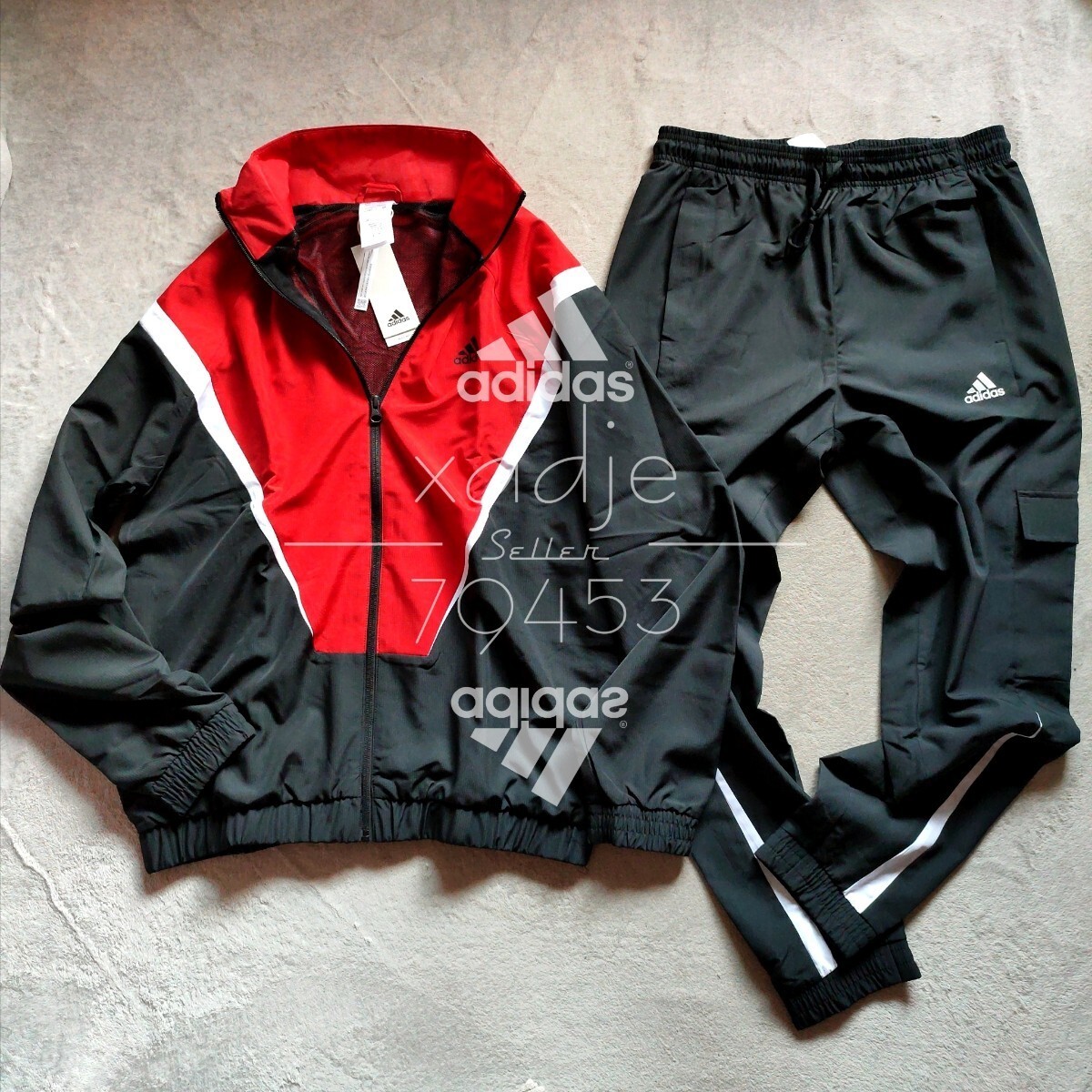 新品 正規品 adidas アディダス 上下セット ナイロン ジャージ セットアップ 赤 レッド 黒 ブラック 白 ロゴ プリント 薄手 Mの画像1