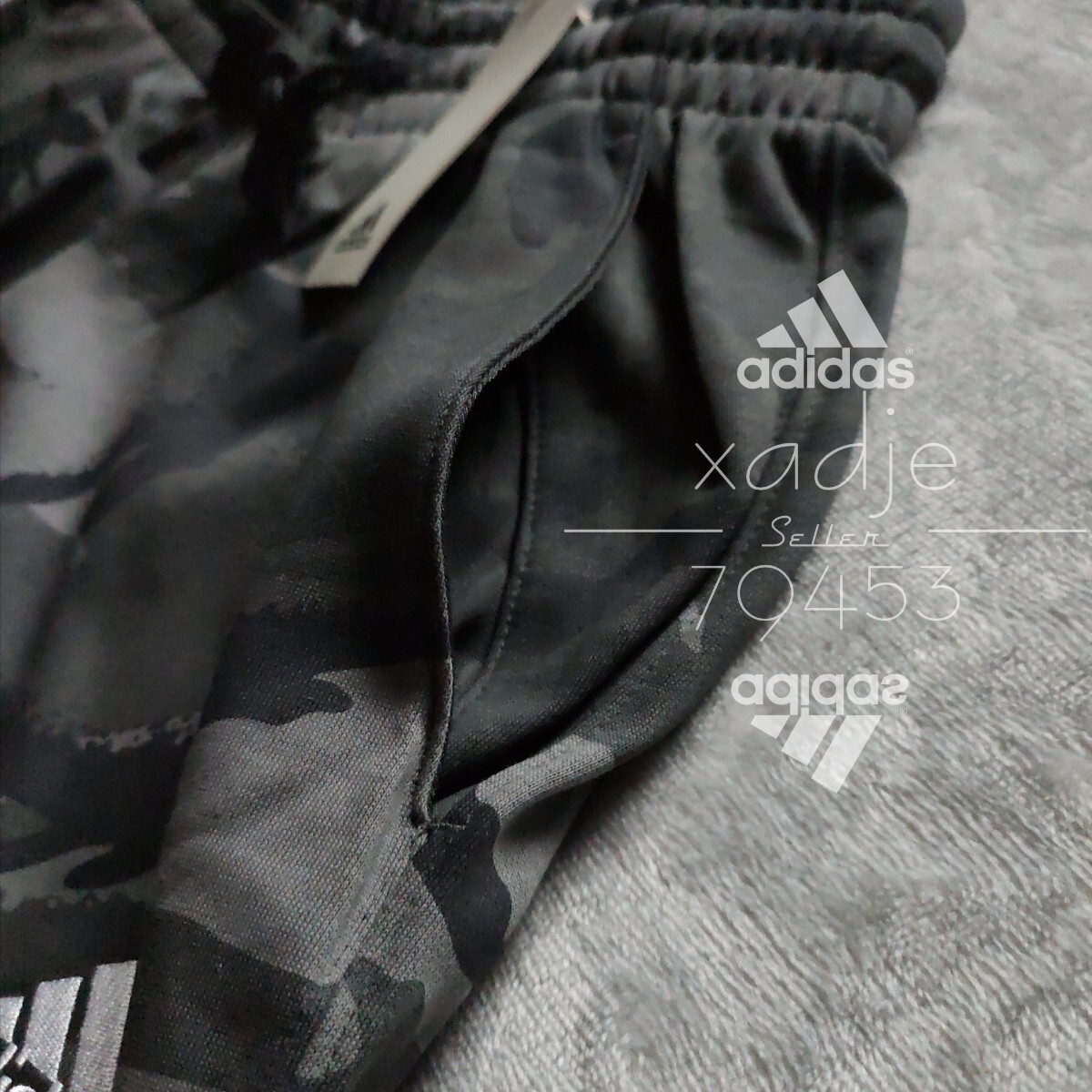 新品 正規品 adidas アディダス 上下セット スウェット セットアップ グレー チャコール 黒 ブラック ロゴ刺繍 総柄 迷彩 薄手 XLの画像7