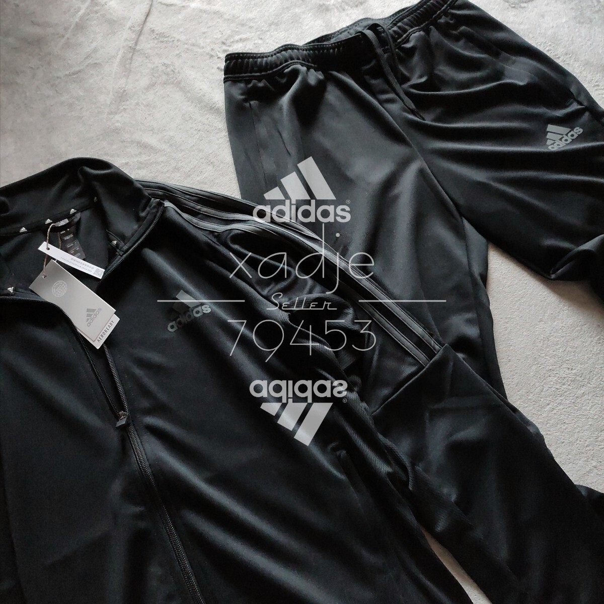 新品 正規品 adidas アディダス 上下セット セットアップ ジャージ 黒 ブラック チャコール 三本ライン 裾ファスナー付き 薄手 O XLの画像2