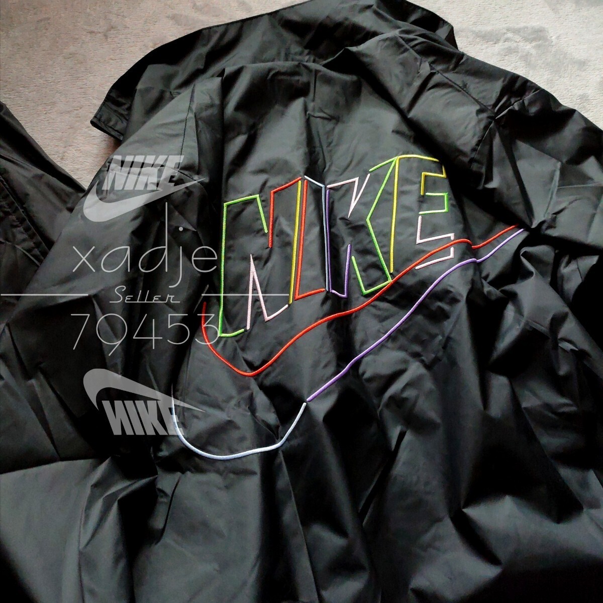 新品 正規品 NIKE ナイキ ロゴ 刺繍 上下セット ナイロン ジャケット パンツ セットアップ 黒 ブラック マルチ 裏地メッシュ 2XL XXL_画像2