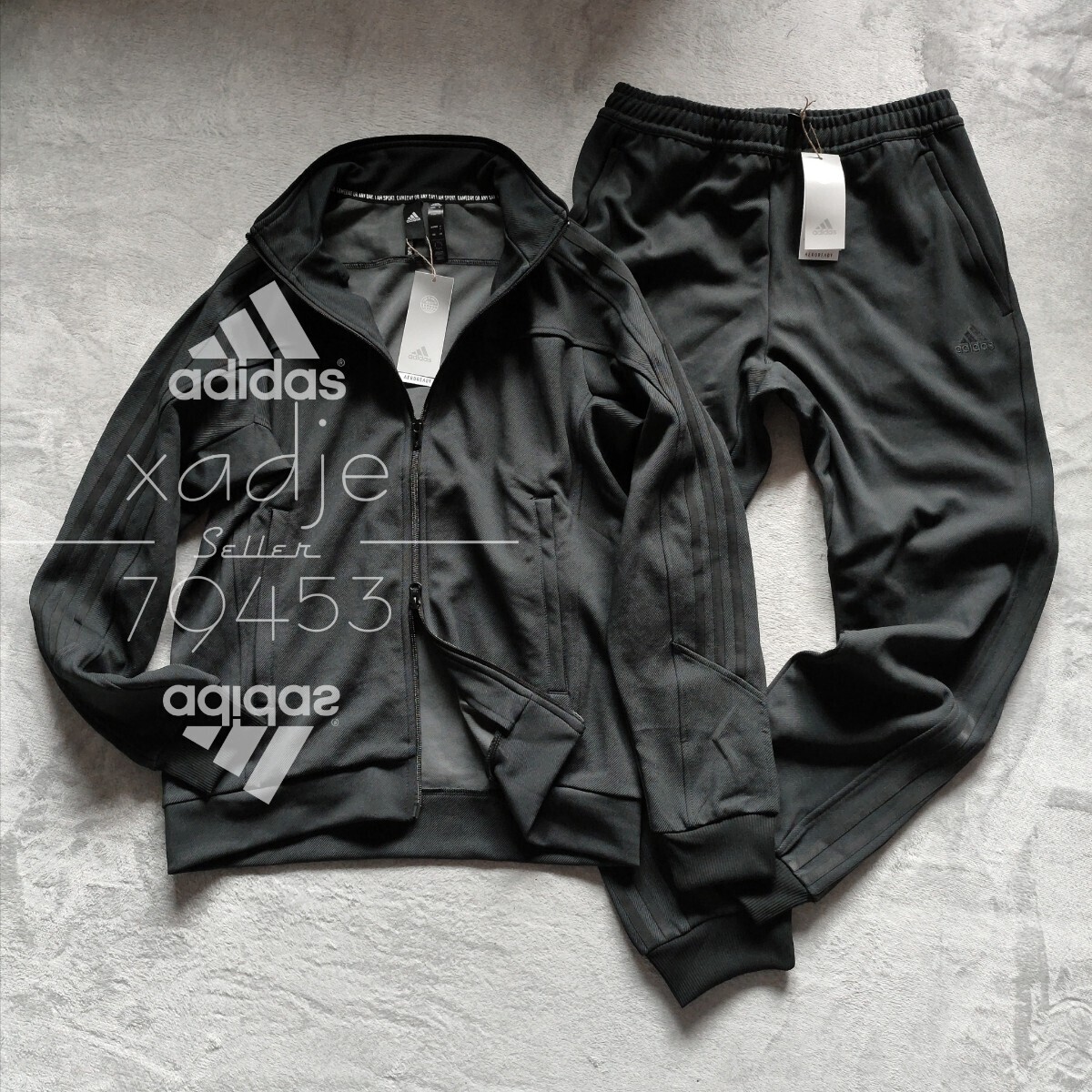 新品 正規品 adidas アディダス 上下セット セットアップ デニム風 ジャケット パンツ 黒 ブラック 三本ライン ロゴ刺繍 Wジップ Mの画像1