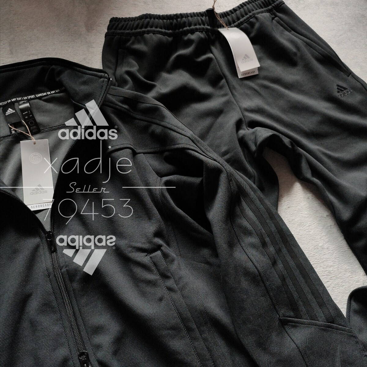 新品 正規品 adidas アディダス 上下セット セットアップ デニム風 ジャケット パンツ 黒 ブラック 三本ライン ロゴ刺繍 Wジップ Mの画像2