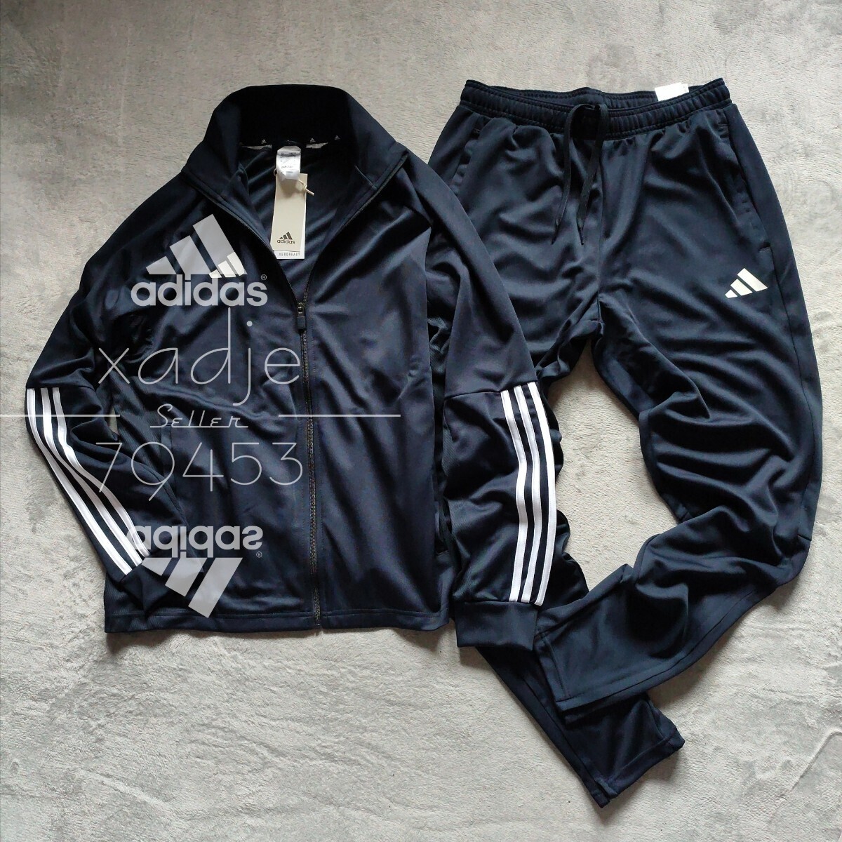 新品 正規品 adidas アディダス 上下セット セットアップ ジャージ ジャケット パンツ 紺 ネイビー 三本ライン 裾ファスナー付き 薄手 XL_画像1