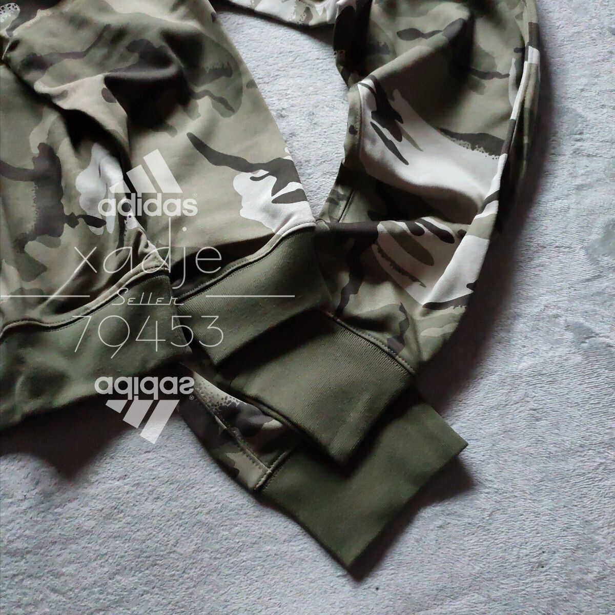 新品 正規品 adidas アディダス 上下セット スウェット トレーナー セットアップ カーキ オリーブ 茶 ブラック ロゴ刺繍 総柄 迷彩 薄手 XL