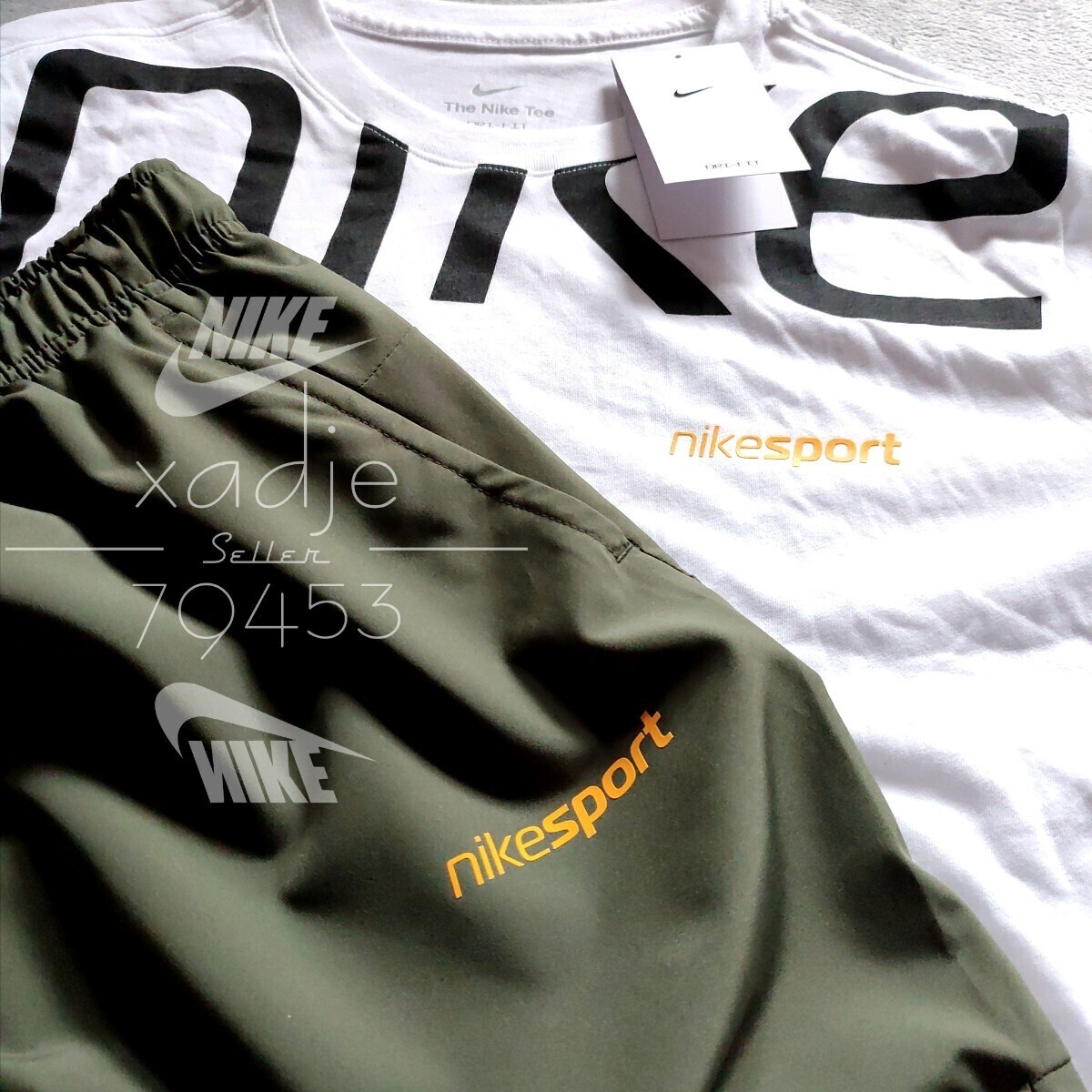 新品 正規品 NIKE ナイキ上下セット Tシャツ ハーフパンツ ロゴ プリント セットアップ NIKE SPORT 白 ホワイト カーキ 白 Mの画像4