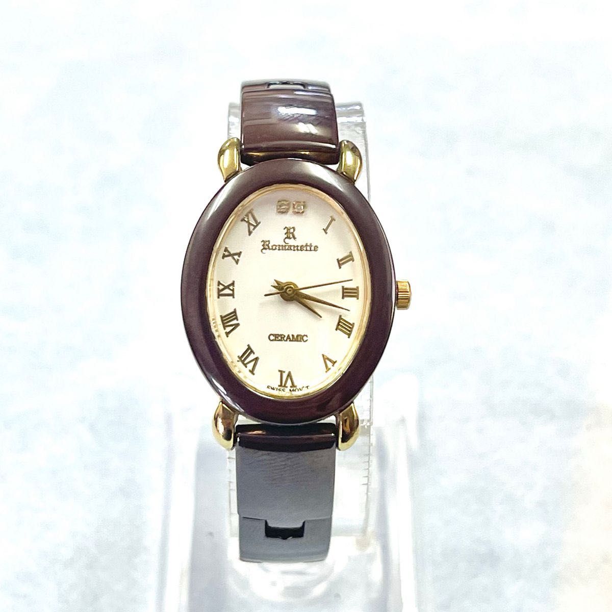 稼働　良品　romanette レディース　腕時計　18金 リューズ　セラミック　オーバル　ローマン　ブラウンゴールド　18k 