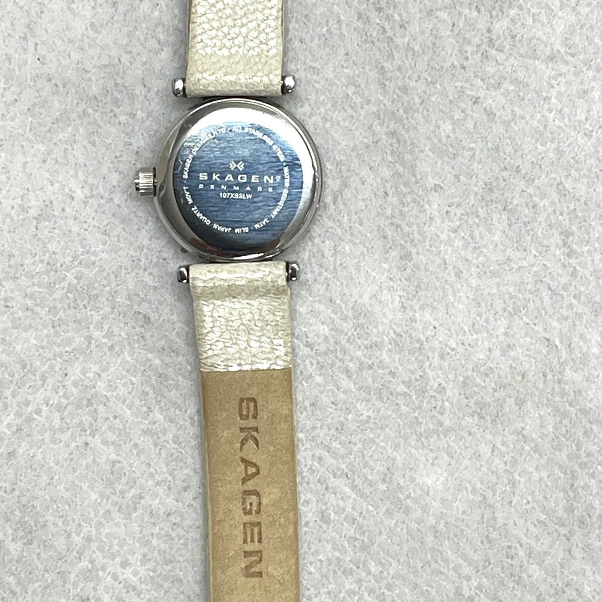 稼働　良品　SKAGEN レディース腕時計　スリム　小さめ腕時計　スカーゲン　12P ストーン　ラウンド　シェル文字盤
